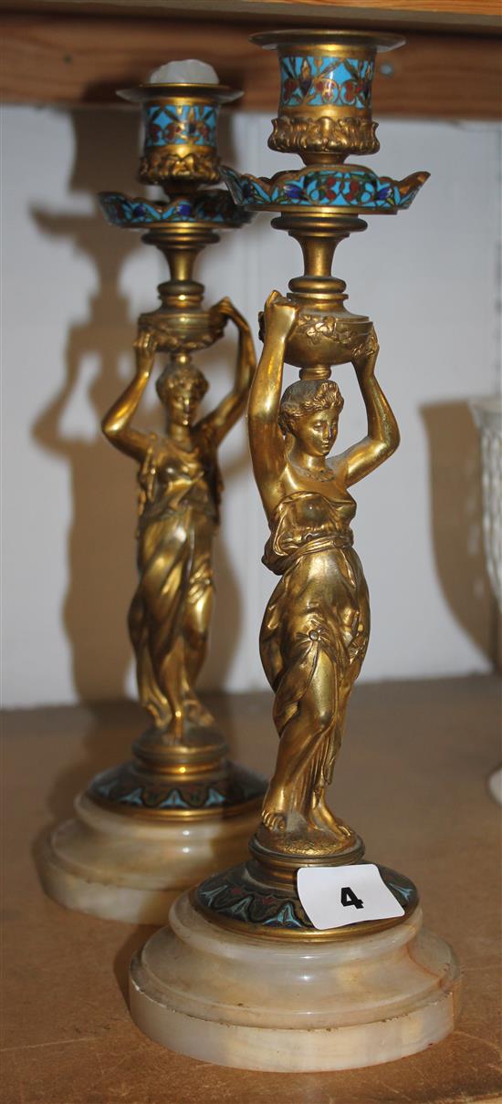 Pair gilt bronze and champleve enamel candlesticks